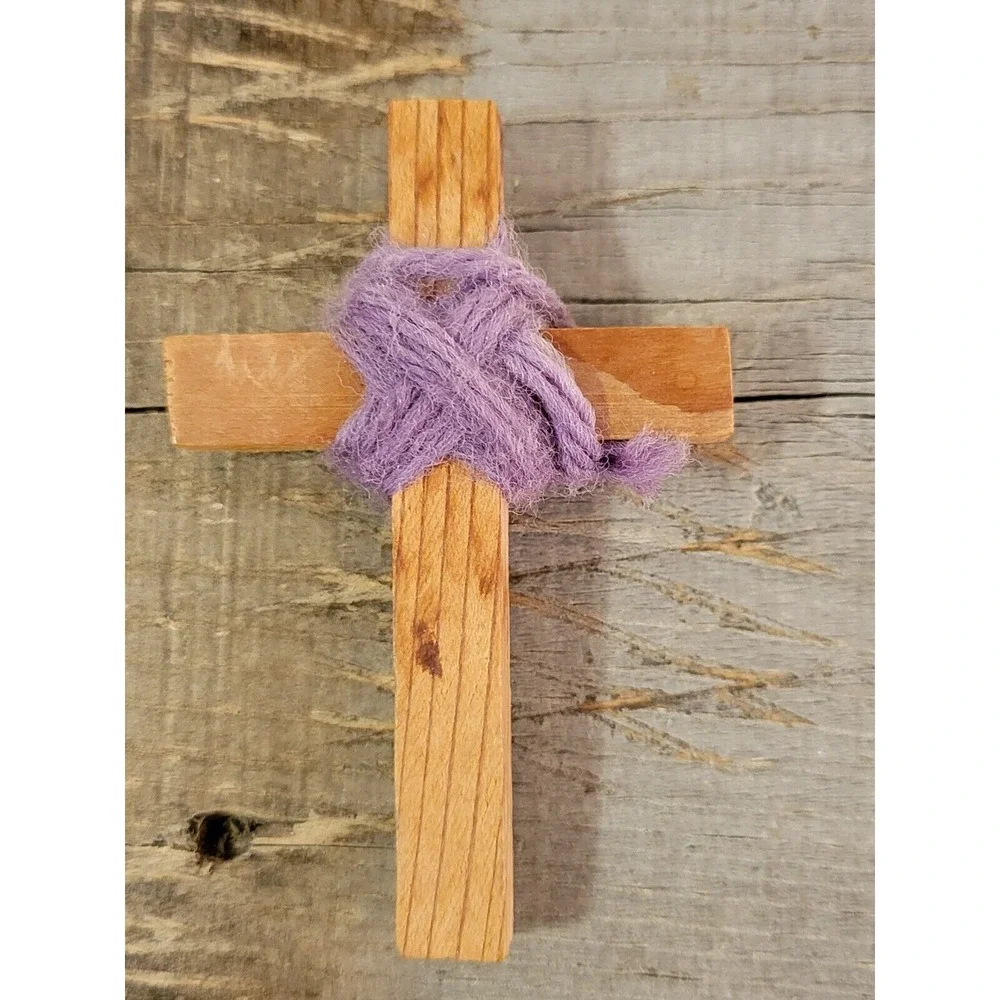 VINTAGE  WOODEN CROSS  PENDANT  With Purple‎ Wrap 3 Inches Large